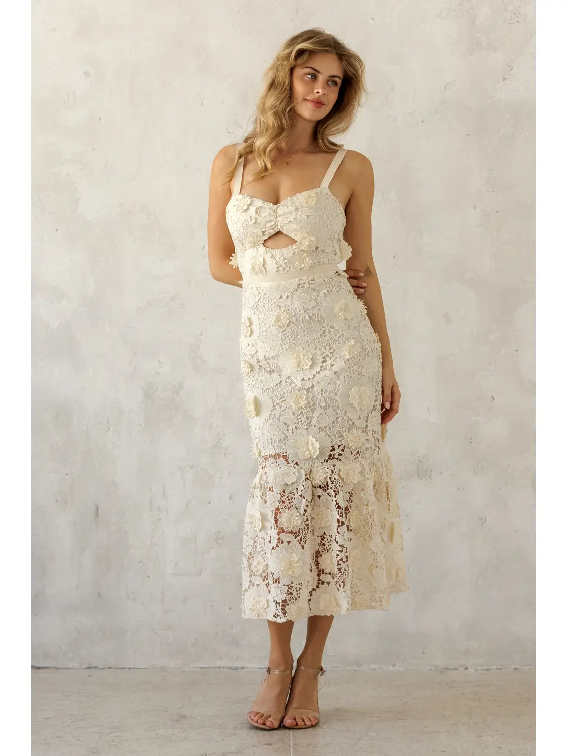 Ivory Bloom Lace Midi Dress Small