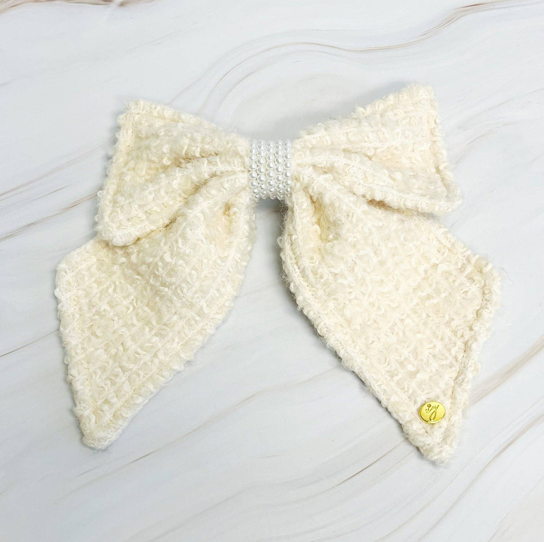 Lovely Tweed Bow Hair Clip: Cream