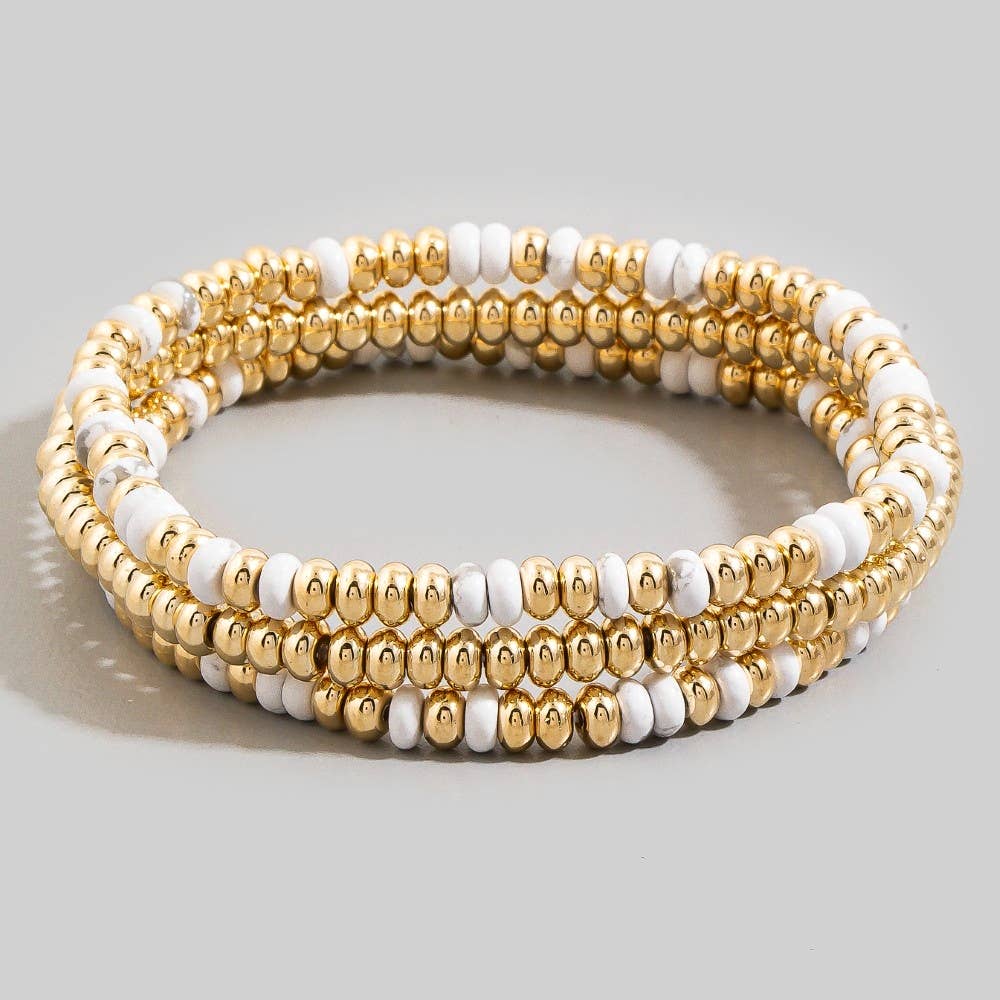 Beaded Stone & Gold Stretch Bracelet Set