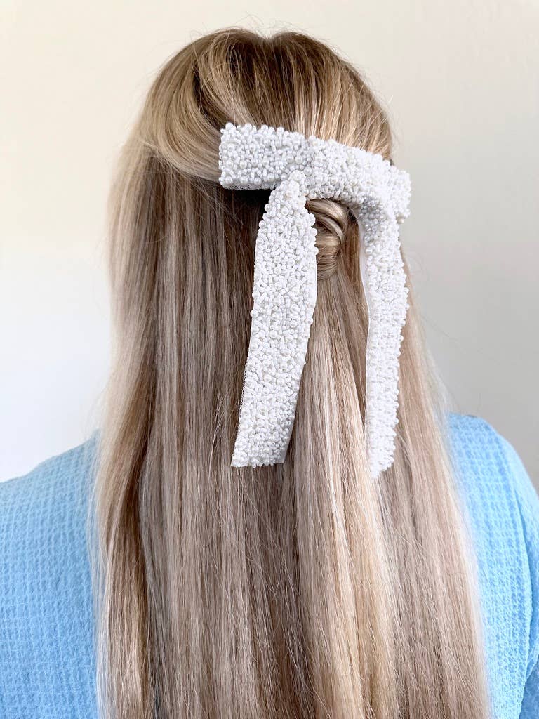 Embellished Hair Bow Barrette Clip | Hand-Stitched: Black/Silver