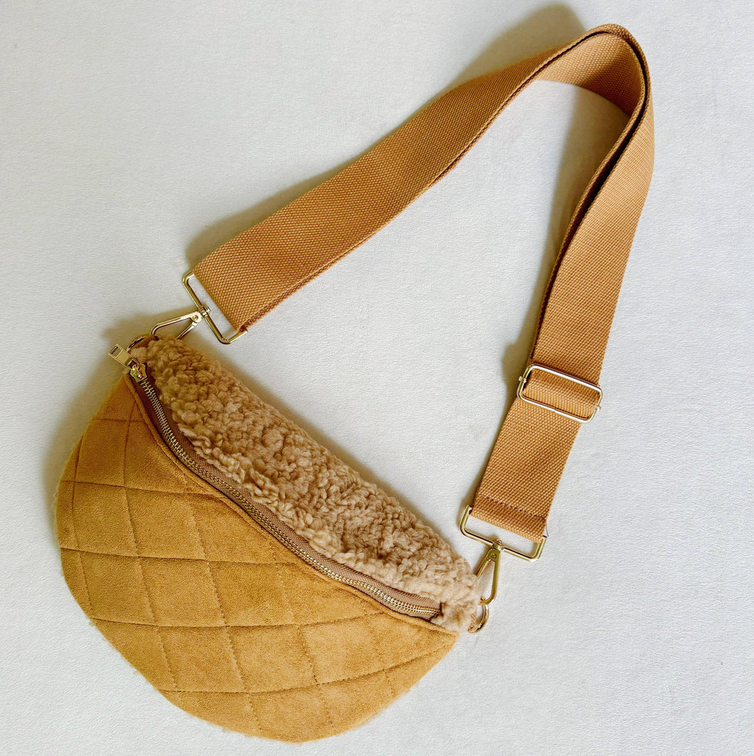 Fuzzy And Quilted Luxe Sling Bag: Camel