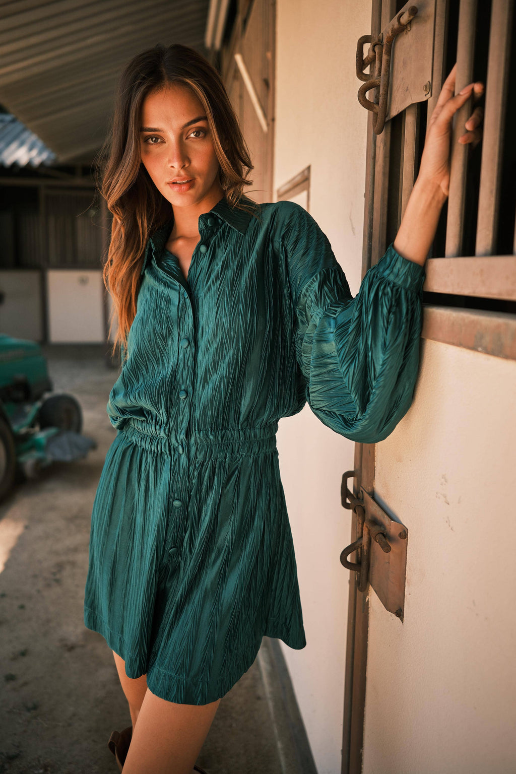 Textured Elastic Waist Long Sleeve Romper