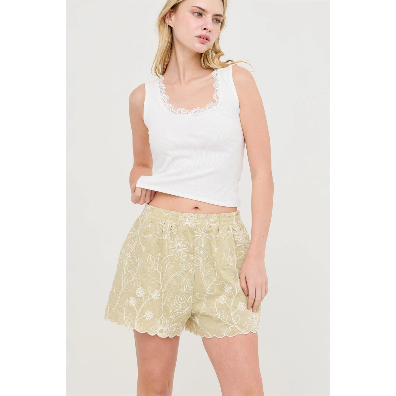 Embroidered Scallop Hem Shorts