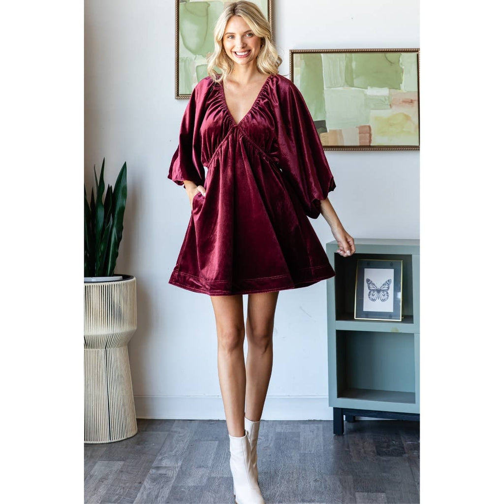 Deep V-neck Short Dress Burgundy