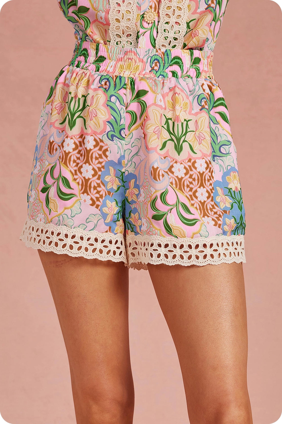 Garden Party Crochet Trim Satin Shorts
