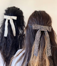 Load image into Gallery viewer, Embellished Hair Bow Barrette Clip | Hand-Stitched: Black/Silver
