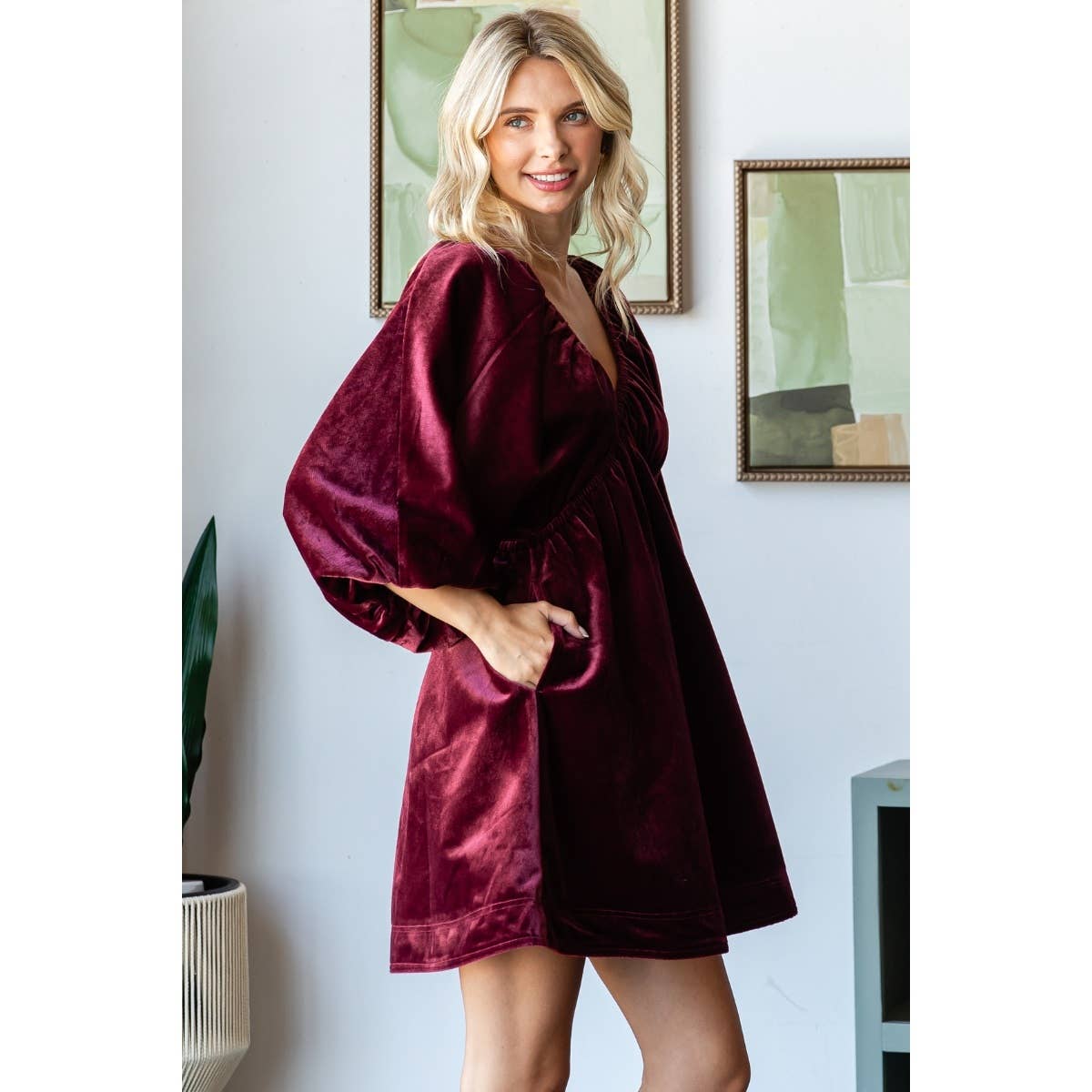 Deep V-neck Short Dress Burgundy