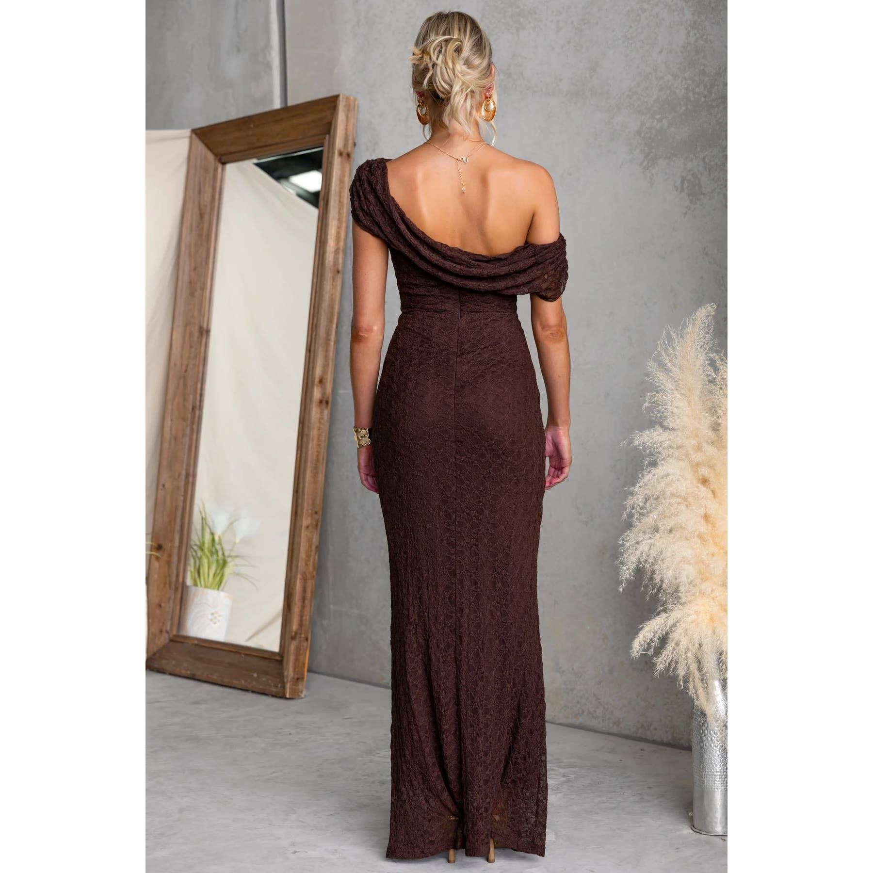 Cocoa Lace One-Shoulder Maxi