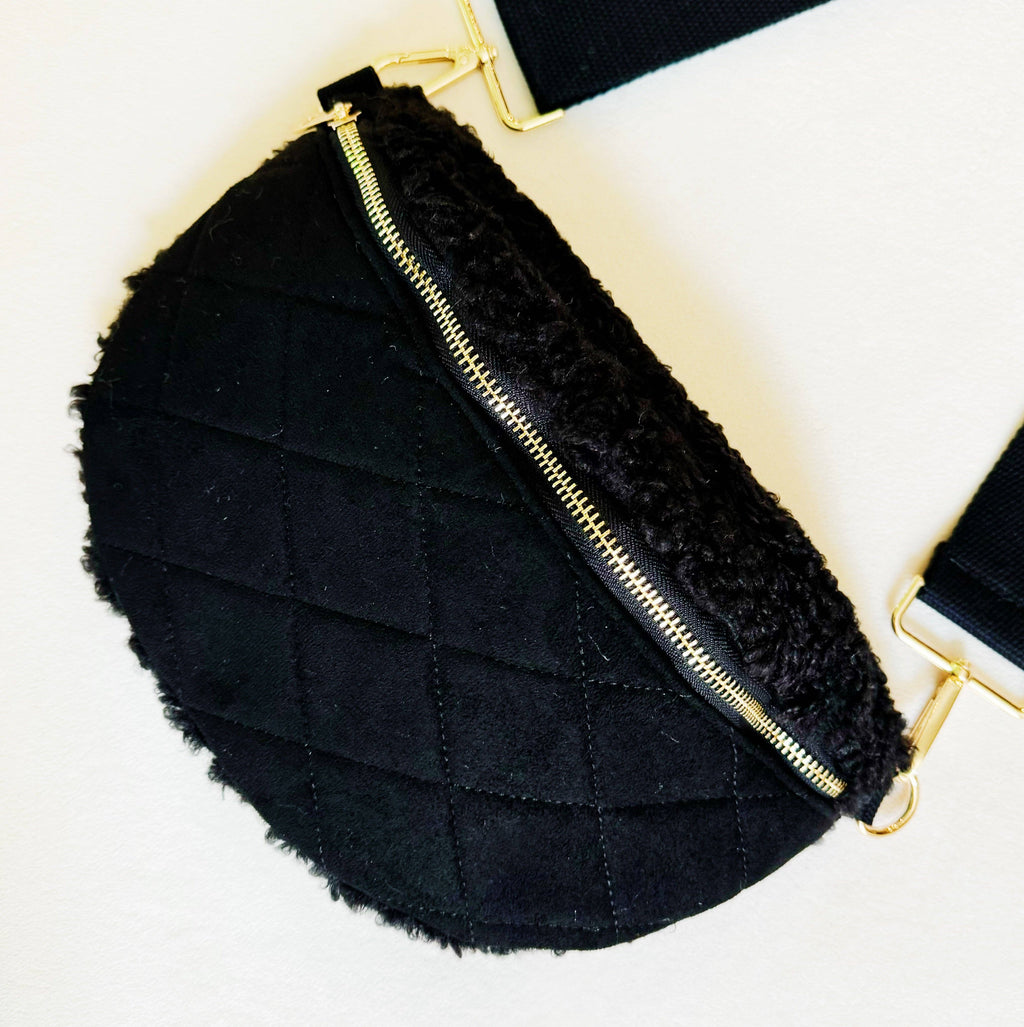 Fuzzy And Quilted Luxe Sling Bag: Black
