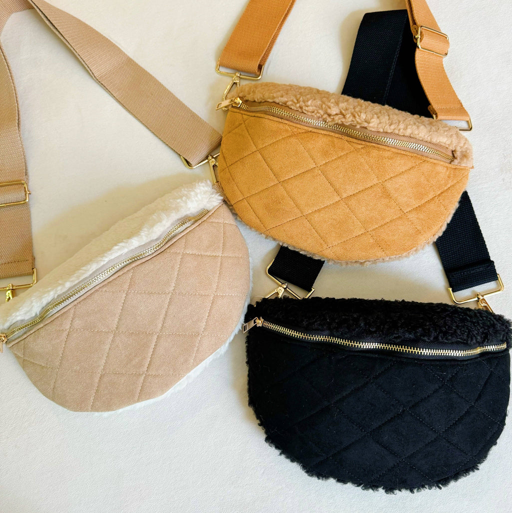 Fuzzy And Quilted Luxe Sling Bag: Black