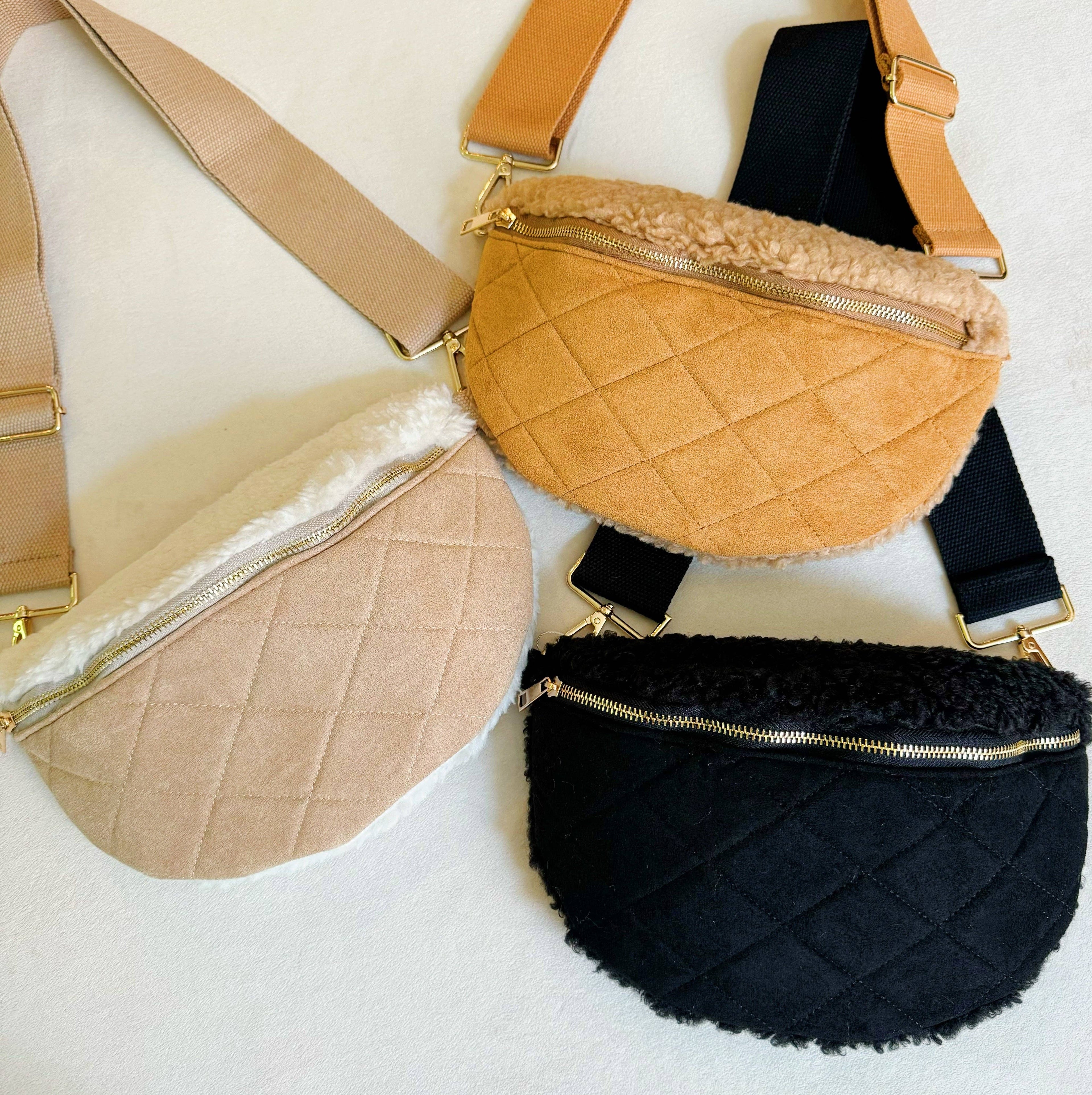 Fuzzy And Quilted Luxe Sling Bag: Black