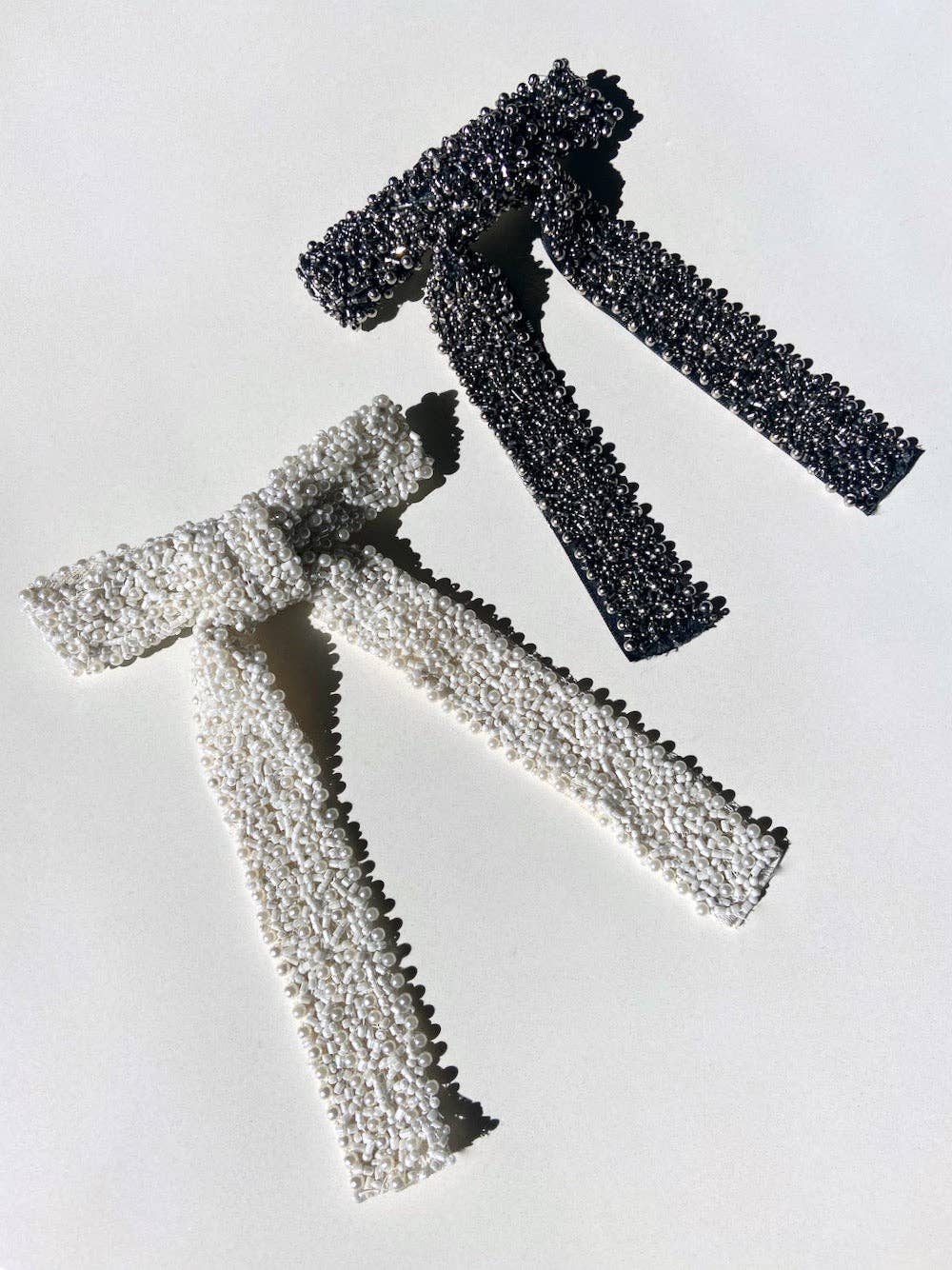 Embellished Hair Bow Barrette Clip | Hand-Stitched: Black/Silver