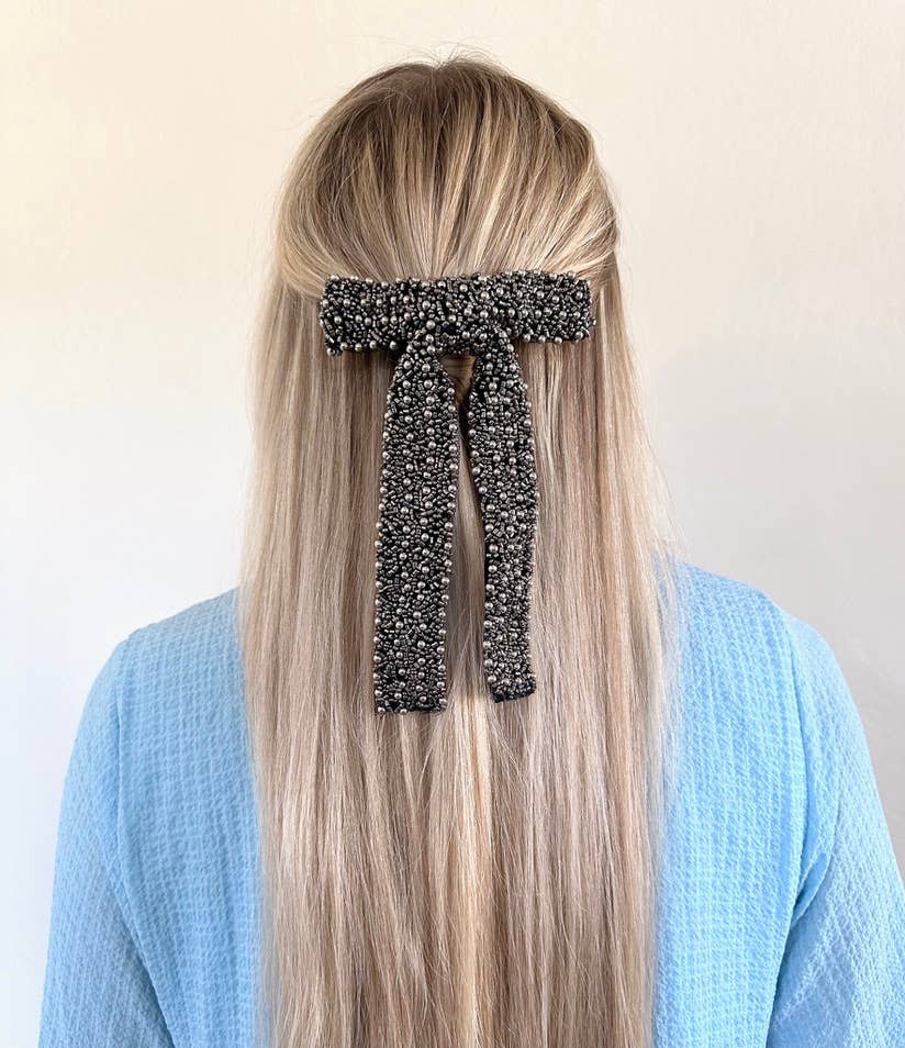 Embellished Hair Bow Barrette Clip | Hand-Stitched: Black/Silver