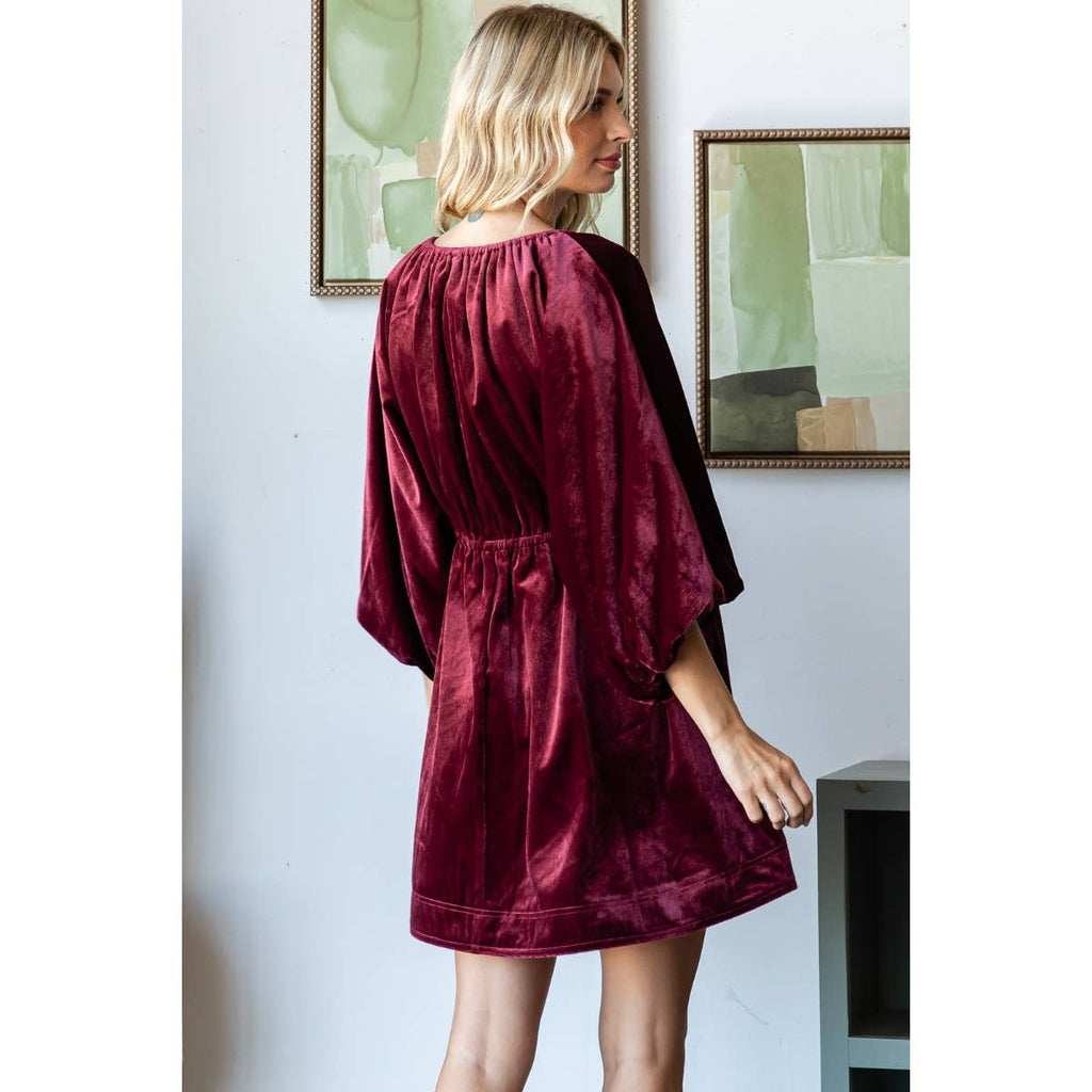 Deep V-neck Short Dress Burgundy