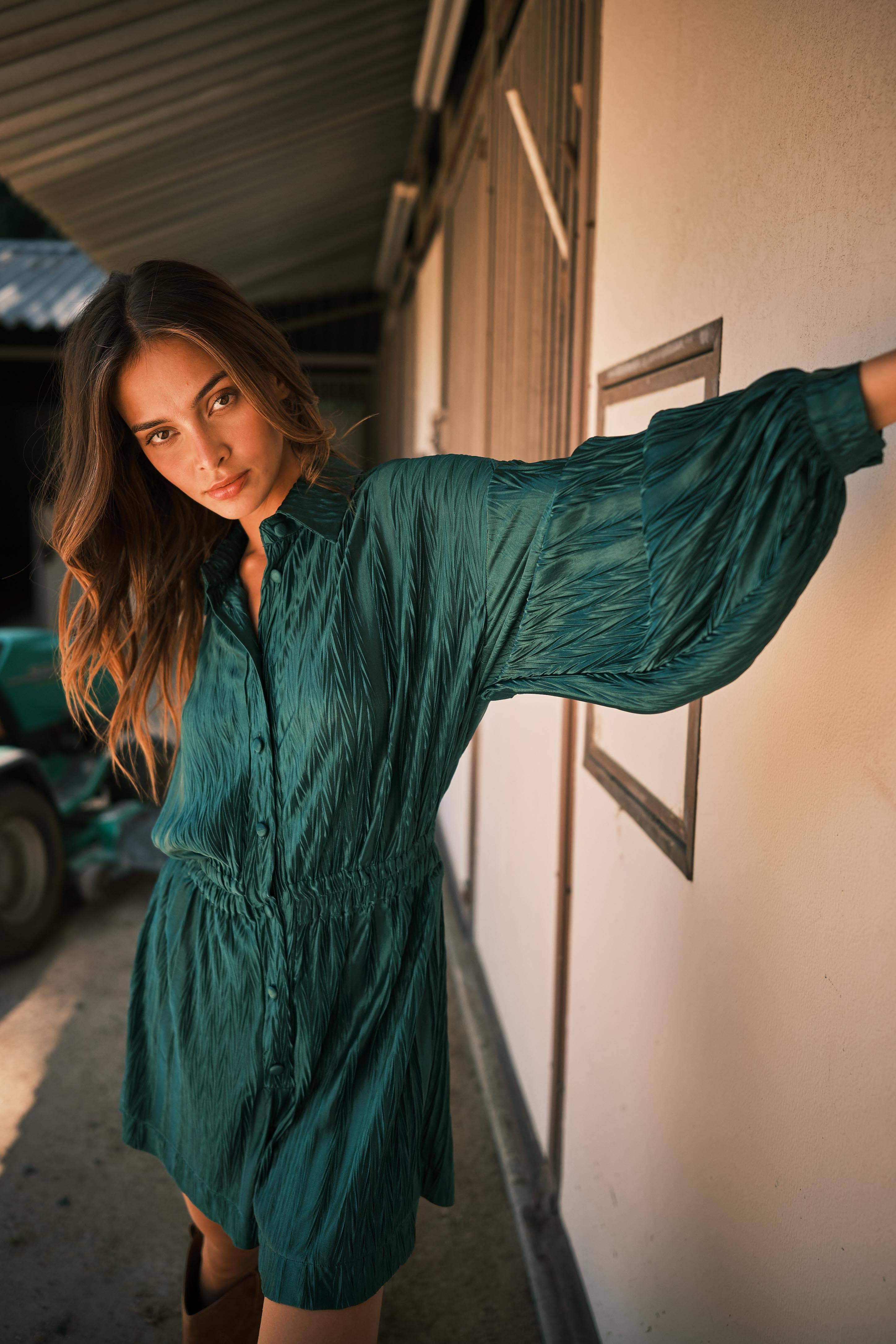 Textured Elastic Waist Long Sleeve Romper