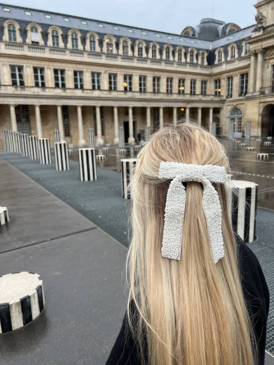 Embellished Hair Bow Barrette Clip | Hand-Stitched: Black/Silver