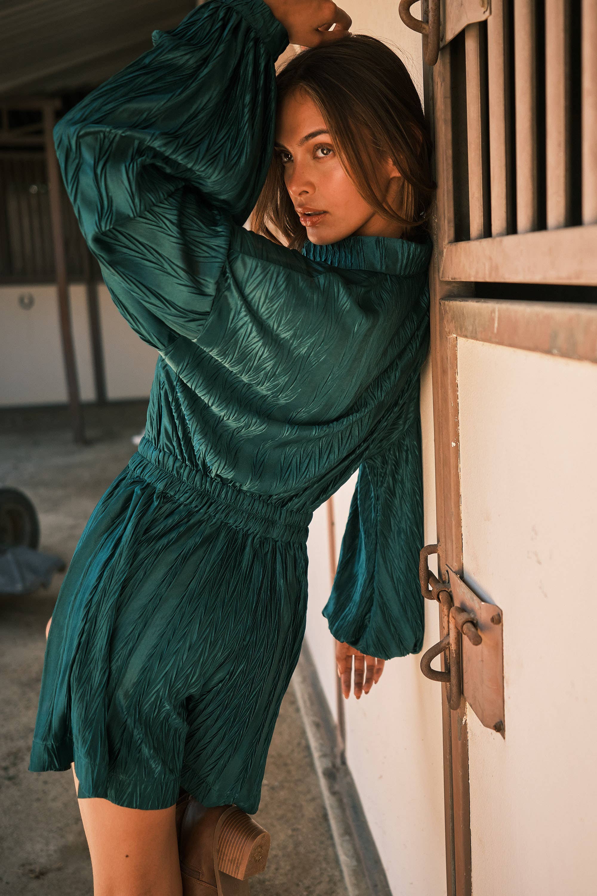 Textured Elastic Waist Long Sleeve Romper