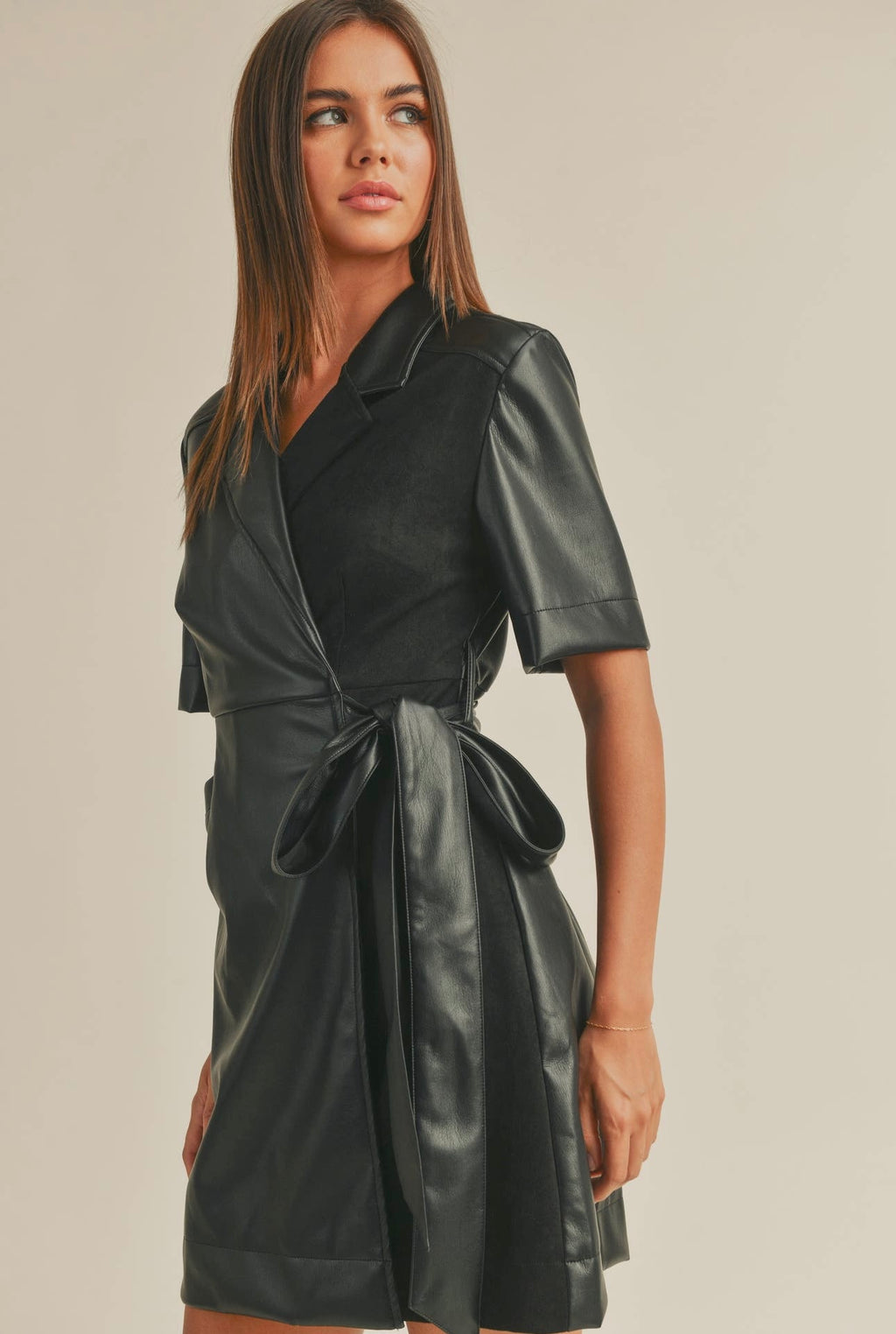 Pleather Collared Wrap Dress