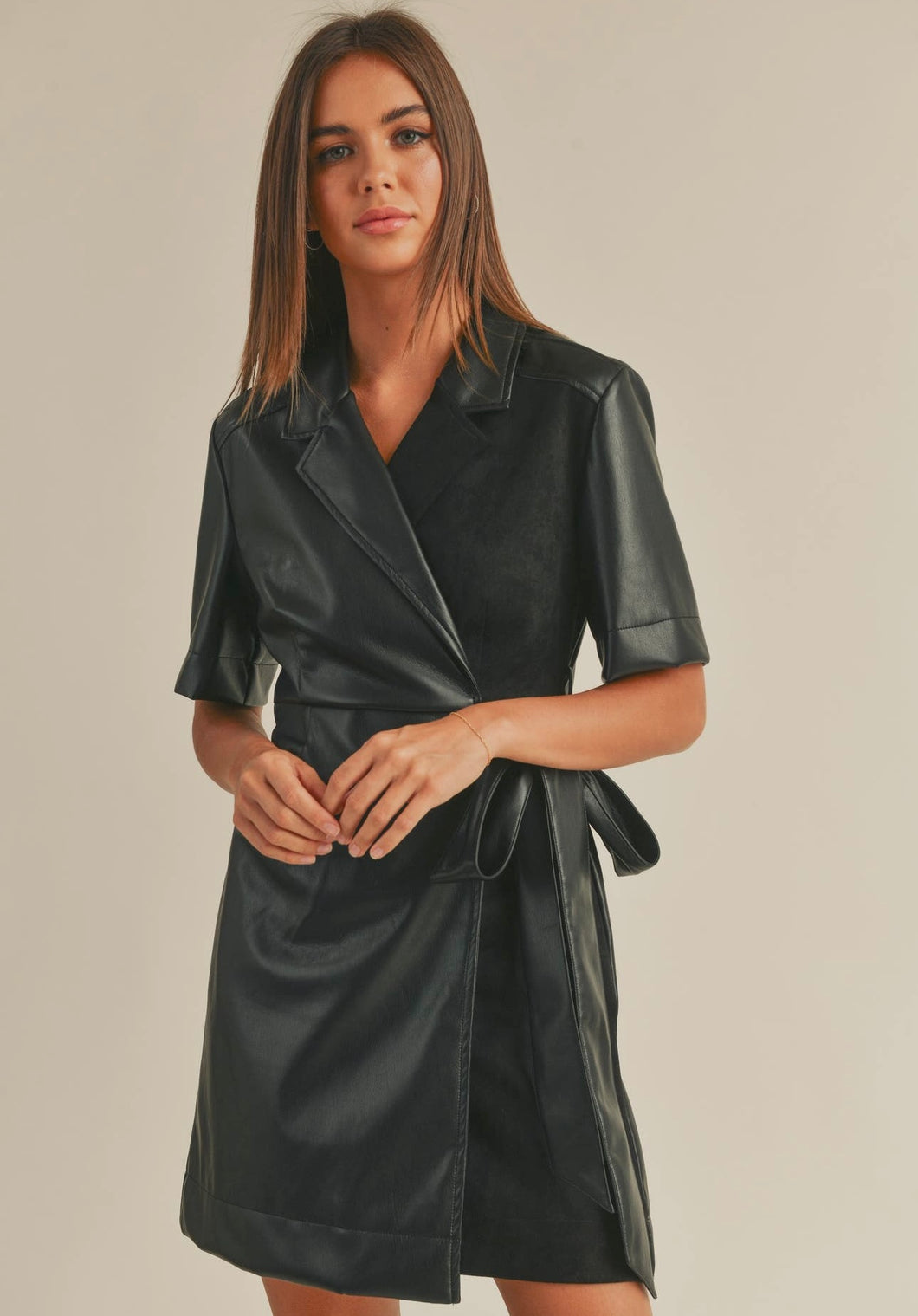 Pleather Collared Wrap Dress