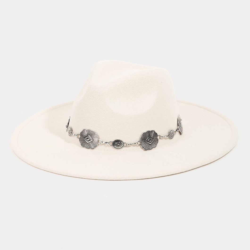 Concho Chain Strap Flat Brim Fedora Fashion Hat