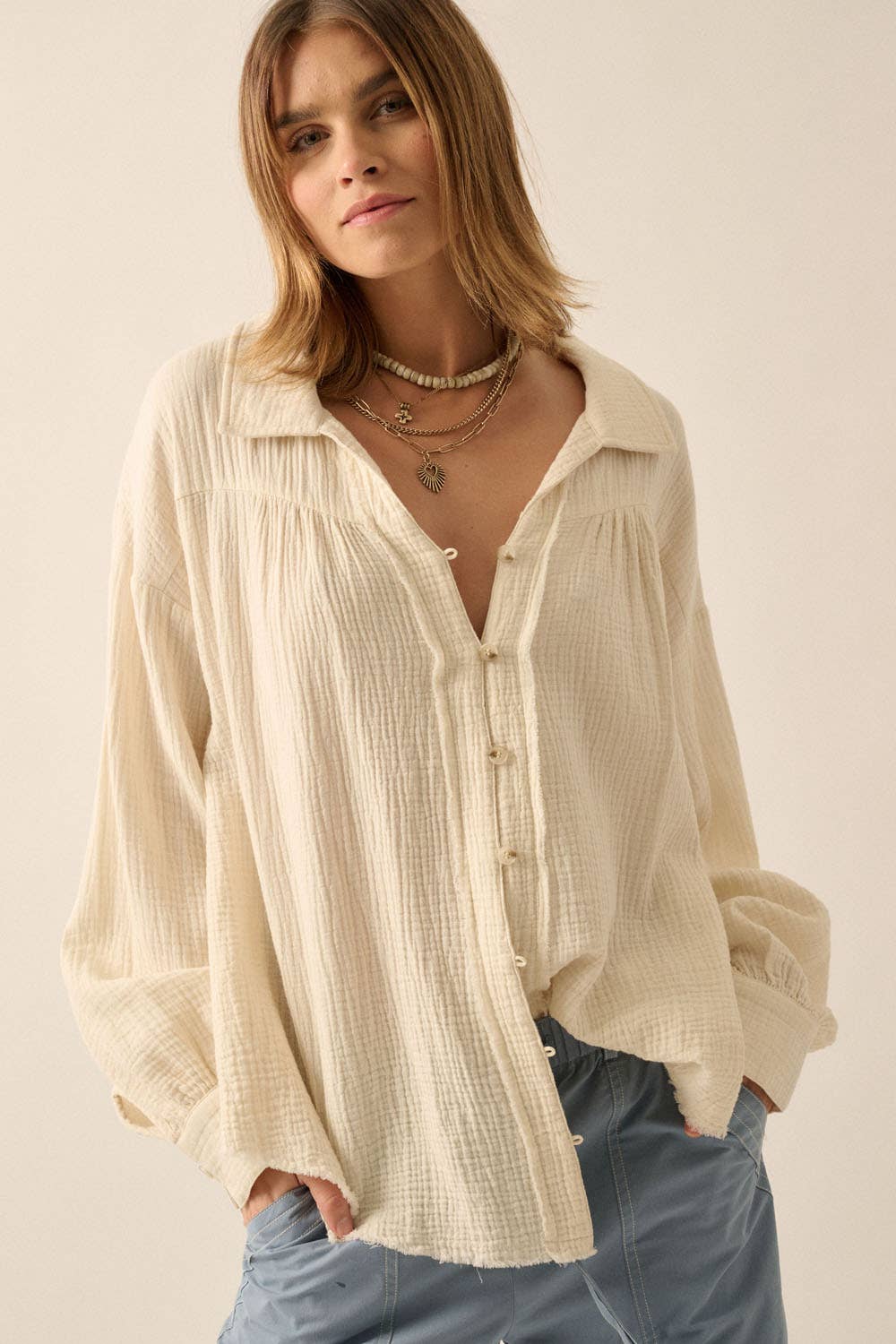 Solid Crinkle Cotton Button Front Shirt