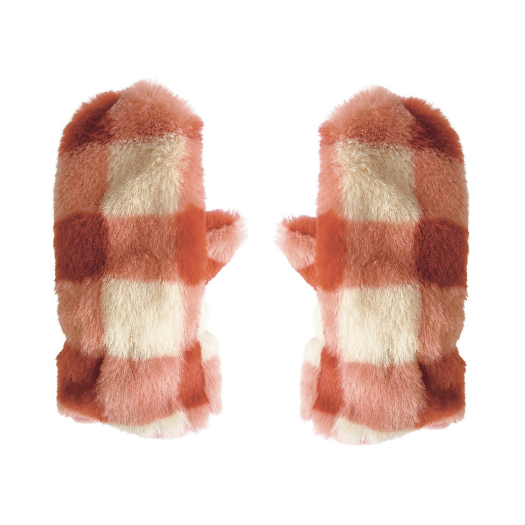 Furry Checked Mittens Coral